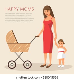 Young pretty woman walking with her newborn child in a pram and with her little daughter. Modern flat style vector illustration isolated on beige background