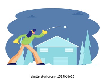 Young Pretty Woman in Warm Clothes and Earmuffs Throwing Snow Ball Playing Snowballs Battle on Street at House Yard. Christmas Holidays Sparetime Activity and Relax. Cartoon Flat Vector Illustration