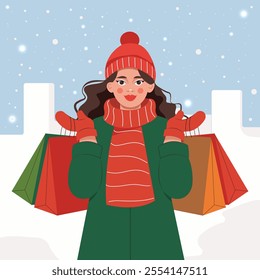 Young pretty woman in warm winter clothes with packages in her hands. Flat design, vector.
