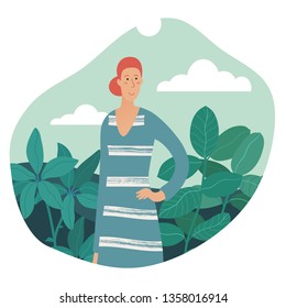 Young pretty woman wearing dress and hair bun standing smiling with sky clouds landscape on background, stylized vector illustration. Human and nature unity banner poster design