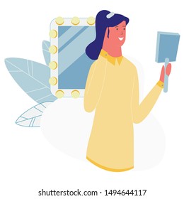 Young Pretty Woman Wearing Trendy Casual Clothing Watching in Mirror Admire her New Hairstyle in Barbershop. Beauty Salon, Grooming Place for Girls. Happy Customer. Cartoon Flat Vector Illustration