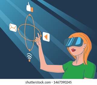 Young pretty woman wearing virtual reality headset or 3d glasses controls imaginary interface on screen projection. Abstract vr world. Virtual reality glasses. Connection abstract vector structure.