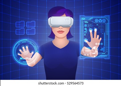 Young pretty woman wearing virtual reality headset or 3d glasses controls imaginary interface on screen projection