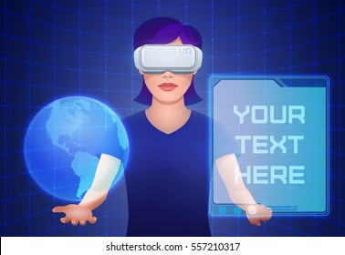 Young pretty woman wearing virtual reality headset or 3d glasses controls imaginary interface with globe and template screen projections