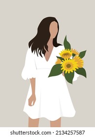 Young pretty woman in white dress hold sunflowers bouquet