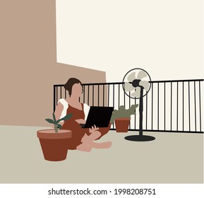 Young pretty woman is working or relaxing sitting on the terrace, surrounded by greenery and plants in the rooftop garden. Cartoon People Vector Illustration. Work from home concept.