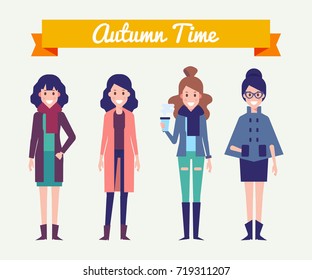 Young pretty women in autumn outerwear. Character design. Cartoon style, flat vector illustration.