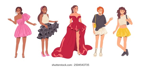 Personajes de dibujos animados de mujeres bonitas jóvenes que llevan un hermoso conjunto de traje de moda de vestido y falda de burbuja