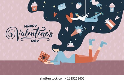 Young pretty women dreams about her lover. Girl holds in her hands a gift for a loved one and dreams of him. Valentine's day illustration. Flat Vector greeting card.