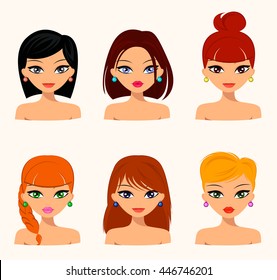 Young pretty women, pretty faces with different hairstyles, hair color. flat design, beauty and fashion. Vector editable