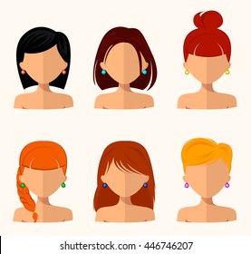 Young pretty women, pretty faces with different hairstyles, hair color. flat design, beauty and fashion. Simple style