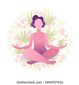 Young pretty women performing yoga exercise. Female cartoon character sitting in lotus posture and meditating vipassana meditation with flowers background. Colorful flat vector illustration