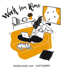 The young pretty working from home. The element hand drawn, Vector Illustration doodle style.