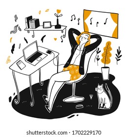 The young pretty working from home. The element hand drawn, Vector Illustration doodle style.