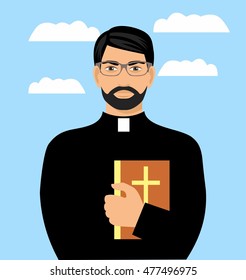 a young priest with the Bible on a background of blue sky with clouds