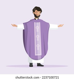 Young priest with purple chasuble praying with outstretchead arms