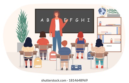 Young primary school kids in a lesson at school learning their alphabet viewed from the back with teacher, colored vector illustration