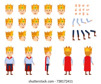 Young prince with crown creation set. Various gestures, emotions, diverse poses, views. Create your own pose, animation. Flat style vector illustration