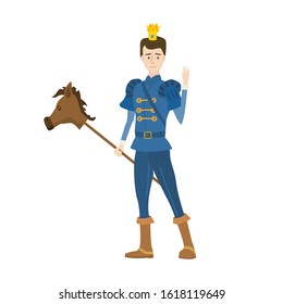 Young Prince with crown in medieval fairytale costume and toy stakes horse on a stick. Royal aristocrat character vector illustration isolated