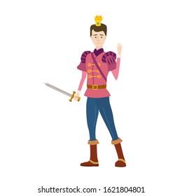 Young Prince with crown in medieval fairytale costume and sword. Royal aristocrat character vector illustration isolated