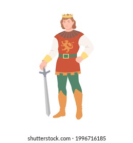 Young Prince with Golden Crown Holding Sword as Fabulous Medieval Character from Fairytale Vector Illustration