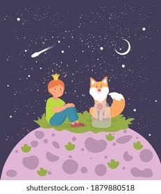 Young prince sitting on top of the planet with his pet red fox watching the night sky with meteor, colored vector illustration