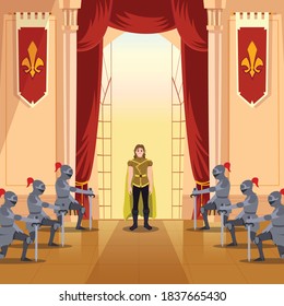 The young prince walked into the castle hall with soldiers bowing to him respectfully flat illustration