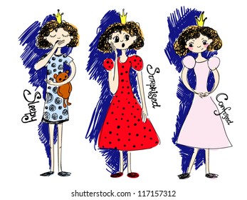 Young princess, different emotions - sleepy, surprised, confused. Hand-drawn