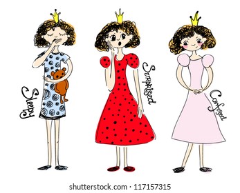 Young princess, different emotions - sleepy, surprised, confused. Hand-drawn