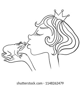 Young princess kisses unhappy frog. Frog does not want to kiss the girl.