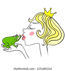 Young princess kisses unhappy green frog. Frog does not want to kiss the girl.