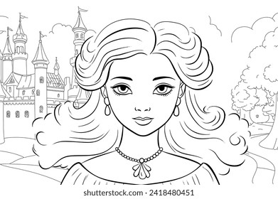 Young princess portrait coloring page. Outline black ink drawing antistress coloring book castle isolated on white vector illustration.