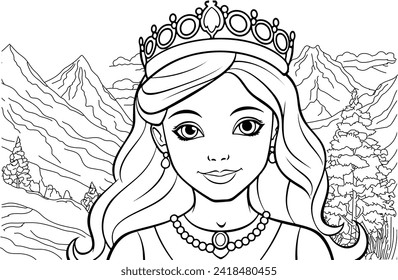  Página de coloreado de retrato de princesa joven. Esbozar el bosque de montaña del libro de colorear antiestrés del dibujo de tinta negra aislado en la ilustración del vector blanco.