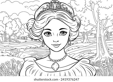 Young princess portrait coloring page. Outline black ink drawing antistress coloring book forest isolated on white vector illustration