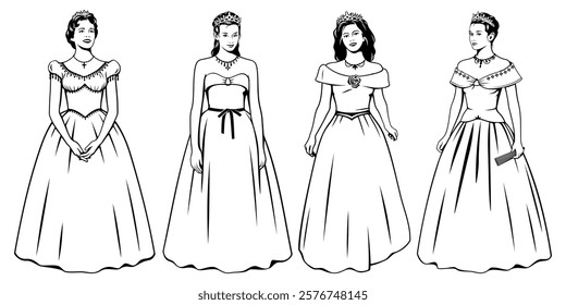 Young Princesses Set. Vector cliparts isolated on white.