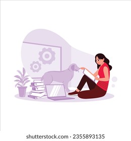 Young, productive girl sitting on the house floor, working on a laptop and some documents, accompanied by her pet dog. Freelance Productivity concept. Trend Modern vector flat illustration