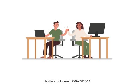 Young productive man and lady sitting at table, working on computer and shaking hands. Concept of different workers in common space. Successful teamwork in office. Vector illustration in flat design