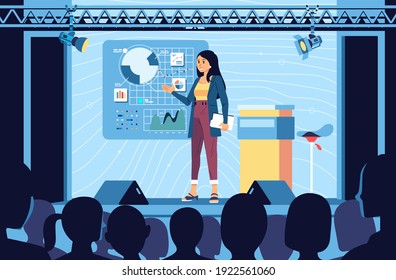 Young Professinal Women Giving Presentation On The Stage In Front Of People, Explain The Info Graphic On The Screen. Used For Website Image, Banner And Other