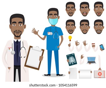 Young professional African American doctor, pack of body parts and emotions. Medical worker. Hospital staff. Cartoon character creation set on white background. Vector illustration.