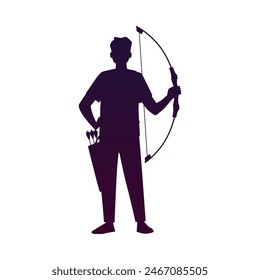 Junger professioneller Bogenschütze-Mann mit Pfeil und Bogen stehend in voller Höhe schwarze Silhouette Vektorillustration. Cartoon Bogenschießen Sport Freizeit. Shooter Bowman mit Langbogentraining