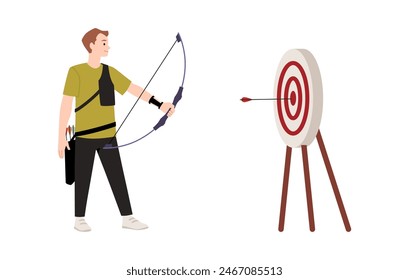 Joven hombre arquero profesional golpeó el Vector objetivo ilustración plana. Caricatura tiro con arco deporte ocio actividad. Shooter bowman con entrenamiento de arco largo aislado sobre fondo blanco