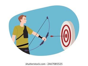 Young professional archer man hit the target vector flat illustration. Cartoon archery sport leisure activity. Shooter bowman with longbow training isolated in decorative blue frame