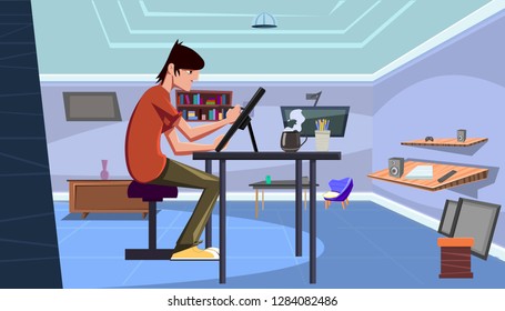 Young professional artist illustrator draw with a pen on a tablet in his desk at home