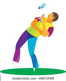 young professional bartender juggling glass and bottle