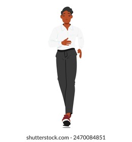 Young Professional Black Male Character Confidently Walking Front View, Dressed In Smart Casual Office Attire, Featuring A White Shirt And Dark Trousers, Complemented By Stylish Red Shoes, Vector