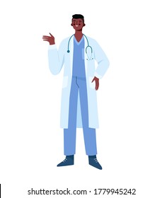 Young Professional Black Man Doctor Isolated On White Background. Medical Specialist. Medical Staff Doctor Nurse Therapist Surgeon Professional Hospital Worker. Cartoon Flat Vector Illustration.