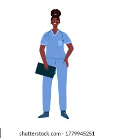 Young professional black woman doctor isolated on white background. Medical specialist. Medical staff doctor nurse therapist surgeon professional hospital worker. Cartoon flat vector illustration.