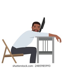 Young professional burnout syndrome. Tired man manager with low energy working on computer. Flat vector illustration isolated on white background