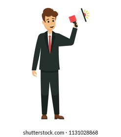 
Young professional businessman making an announcement through a megaphone 
