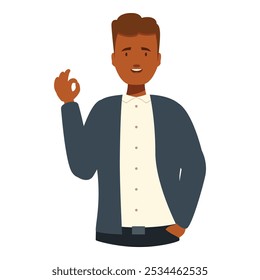 Young professional businessman smiling and making ok hand gesture